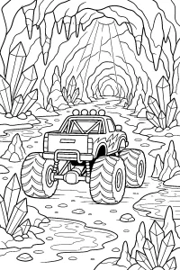 Monster truck nella grotta di cristalli disegno da colorare PDF gratis