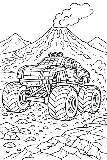 Monster truck aux énormes pneus devant un volcan fumant et des rochers