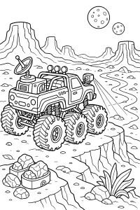 Monstertruck auf einem felsigen Planeten malvorlage kostenlos PDF