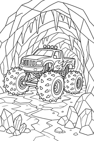 Monster truck with spiked tires inside an ice cave with icicles and rocks