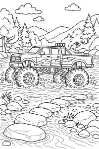 Monster truck nel fiume roccioso disegno da colorare PDF gratis