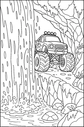 Monster truck con grandi ruote su un sentiero roccioso accanto a una cascata