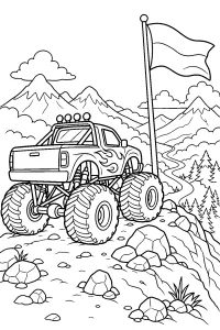Monster truck con bandiera tra le montagne disegno da colorare PDF gratis