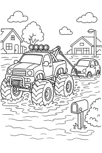 Camión monstruo rescata auto en calle inundada dibujo para colorear PDF gratis