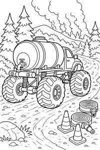 Camión monstruo con tanque en el bosque dibujo para colorear PDF gratis