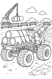 Monster truck con tubi in cantiere disegno da colorare PDF gratis