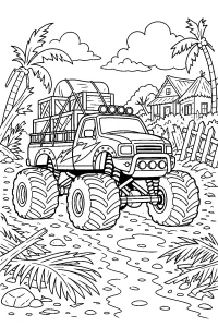 Camión monstruo en camino tropical dibujo para colorear PDF gratis