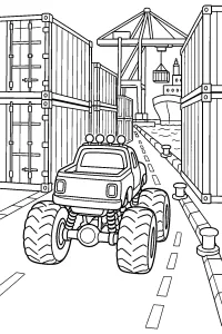 Monster truck tra i container del porto disegno da colorare PDF gratis