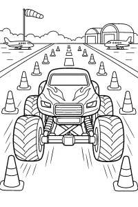 Monster truck tra i coni in pista disegno da colorare PDF gratis