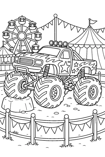 Monster truck con grandi ruote in un recinto da fiera, con ruota panoramica, tende e festoni sullo sfondo