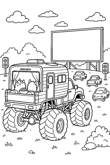 Camión monstruo camper con dos monstruitos ante una gran pantalla de autocine y coches cercanos