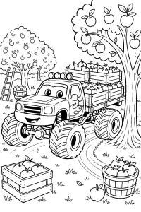 Camión monstruo con cajas de manzanas en huerto dibujo para colorear PDF gratis