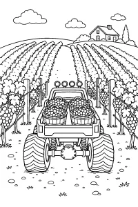 Camión monstruo con cestas de uvas en viñedo dibujo para colorear PDF gratis