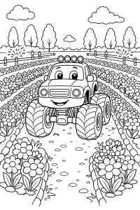 Camión monstruo en campo de flores dibujo para colorear PDF gratis