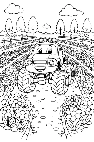 Monster truck souriant sur un chemin entre de grandes fleurs