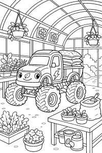 Monster truck nella serra disegno da colorare PDF gratis