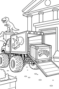 Monster truck con fossile al museo disegno da colorare PDF gratis