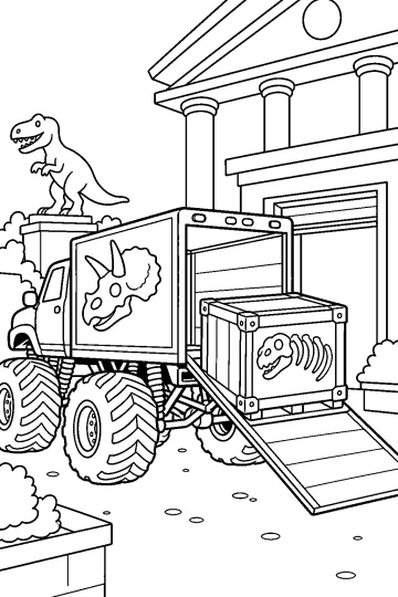 Monster truck frente a un museo con una caja de fósil de dinosaurio sobre una rampa de carga.
