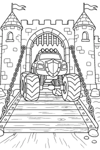Monstertruck auf der Zugbrücke zum Schloss malvorlage kostenlos PDF