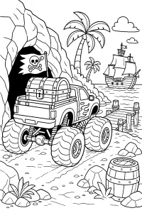 Monster truck pirata con baule del tesoro disegno da colorare PDF gratis
