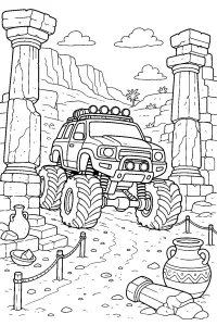 Monster truck tra le rovine del deserto disegno da colorare PDF gratis