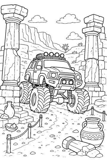 Monster truck con grandi ruote tra colonne di rovine nel deserto, vasi e corde lungo il sentiero