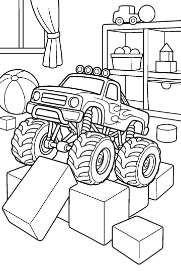 Monster truck con ruedas grandes pasando sobre bloques en una habitación de juegos con pelota y estantería