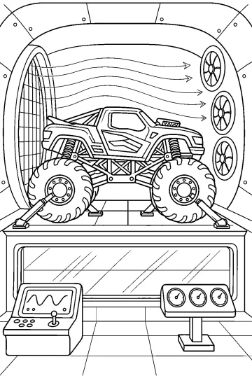Monster truck sujeto en soportes durante una prueba de túnel de viento con ventiladores y controles