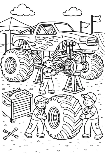 Angehobener Monstertruck mit jungen Mechanikern beim Wechsel eines riesigen Reifens