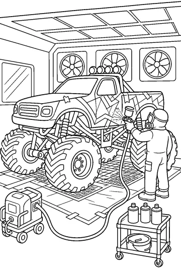 Monster truck en una cabina de pintura mientras un trabajador rocía un diseño geométrico en el lateral.