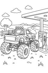 Monster truck al distributore in campagna disegno da colorare PDF gratis