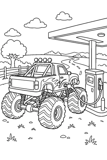 Monster truck con grandi pneumatici mentre fa rifornimento a una pompa in campagna
