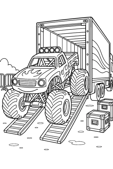 Monster truck con grandi ruote che scende dalle rampe di un camion trasportatore