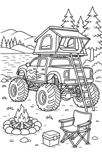 Camión monstruo con tienda de techo de camping dibujo para colorear PDF gratis