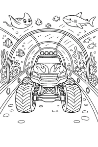 Monster truck dans un tunnel d'aquarium dessin à colorier PDF gratuit
