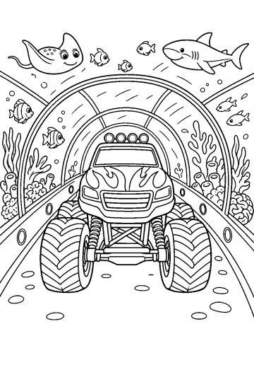 Disegno da colorare di un monster truck in un tunnel dell'acquario con pesci, coralli, manta e squalo