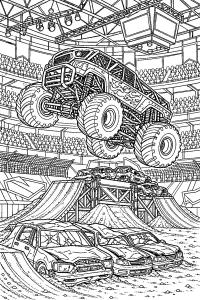Monster truck in salto nello stadio disegno da colorare PDF gratis