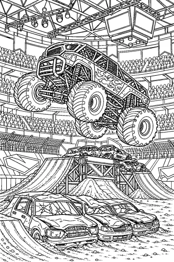 Monster truck con fiamme in salto sopra rampe e auto ammaccate in uno stadio affollato