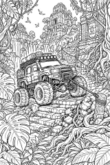 Monster truck nella giungla con tempio disegno da colorare PDF gratis
