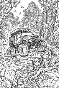 Monster truck nella giungla con tempio disegno da colorare PDF gratis
