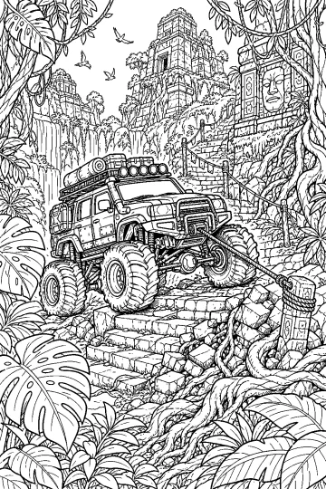 Monster truck con verricello su scale di pietra nella giungla, davanti a un tempio con cascate