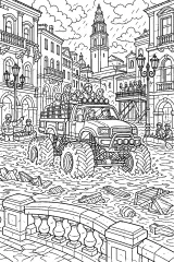 Monster truck di soccorso nella città allagata disegno da colorare PDF gratis