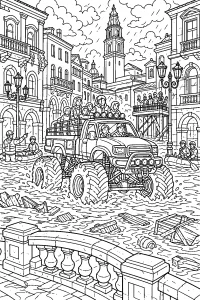 Monster truck di soccorso nella città allagata disegno da colorare PDF gratis