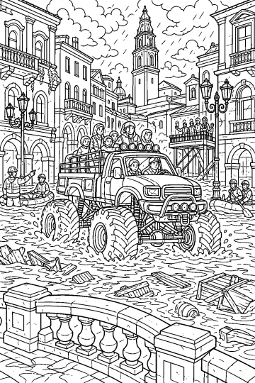 Monster truck di soccorso con passeggeri attraversa una strada allagata tra palazzi storici, barche e soccorritori.