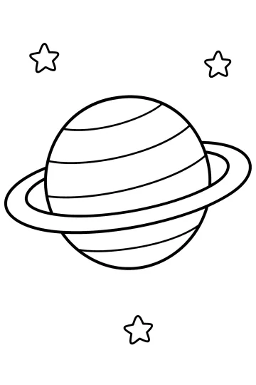 Disegno da colorare di un pianeta con grandi anelli e tre stelle