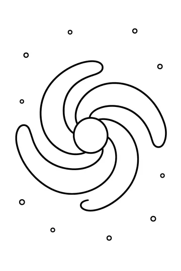Disegno da colorare di una galassia a spirale con nucleo rotondo, bracci curvi e piccole stelle.
