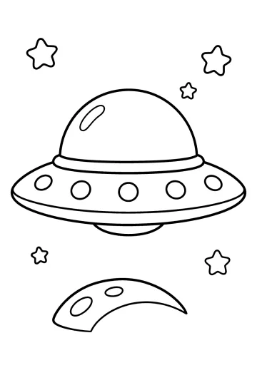Disegno da colorare di un disco volante con cupola, luci rotonde, stelle e pianeta.
