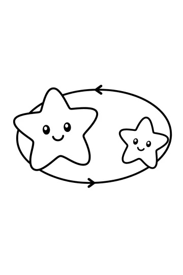 Due stelle sorridenti, una grande e una piccola, dentro una grande orbita con frecce.