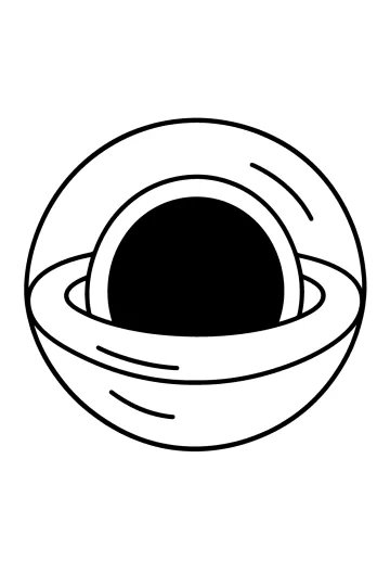 Disegno di un buco nero scuro circondato da un grande anello curvo