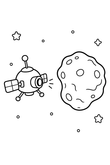 Sonda espacial con lente de cámara junto a un gran asteroide entre estrellas